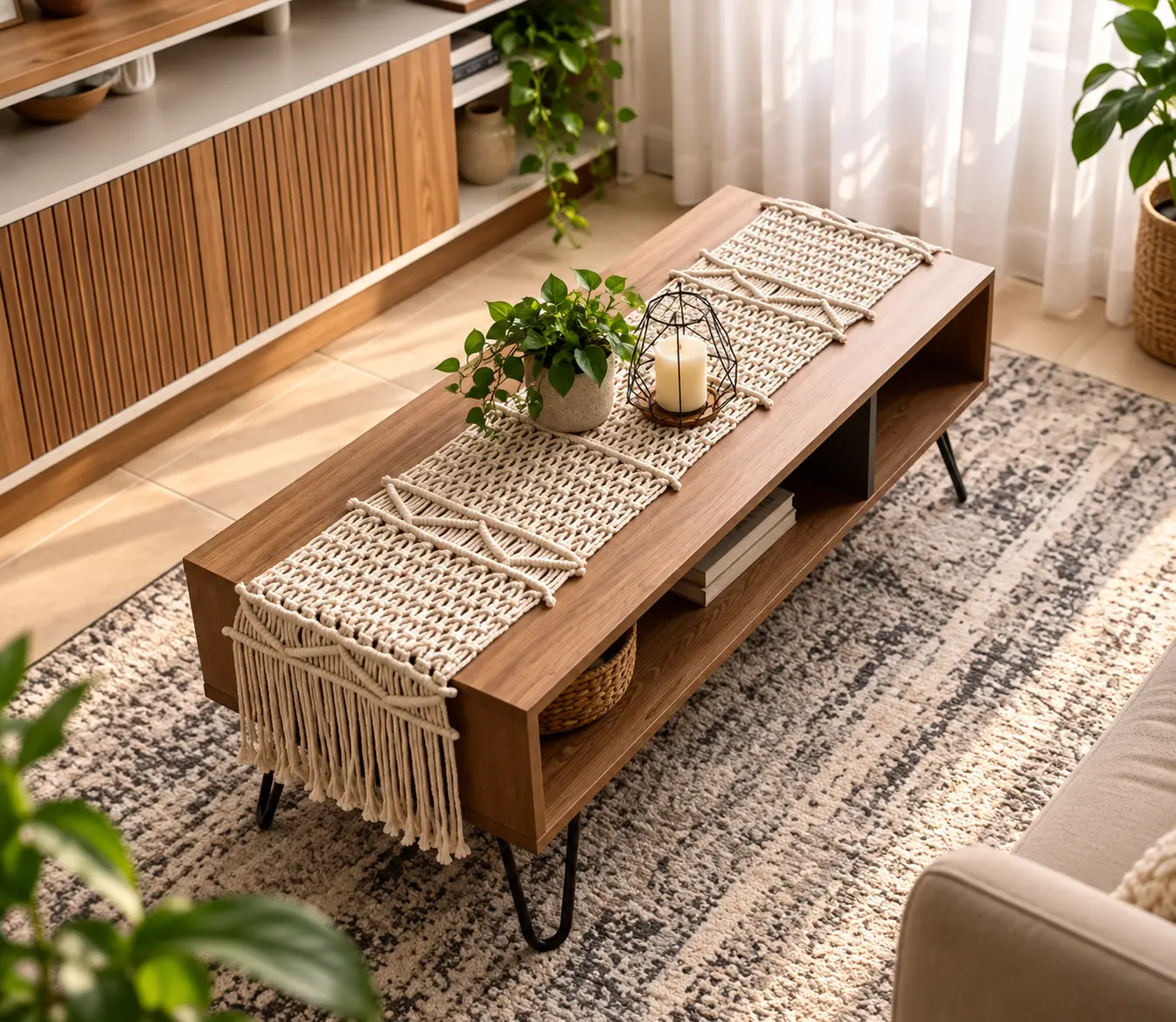 Camino de mesa de macramé tejido a mano sobre mesa de madera